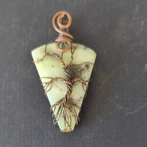 Handcrafted Green Stone Pendant with Copper Wire Tree Design